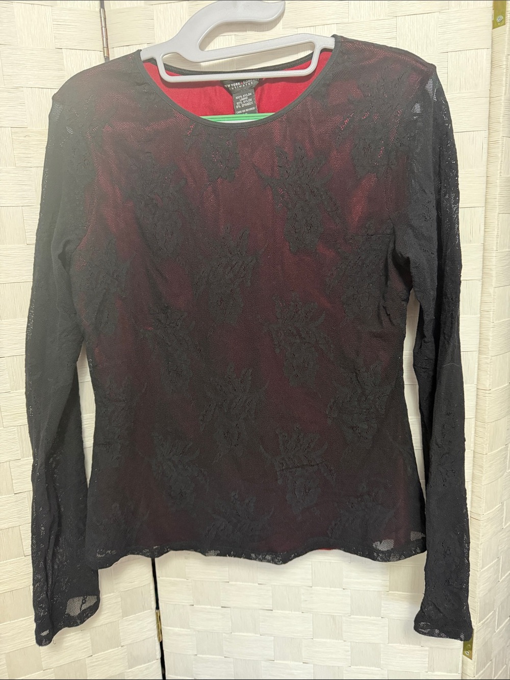 New York & Company Black Lace Long Sleeve Top with Red Lining